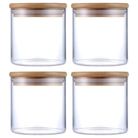 Kit 4 Potes Herméticos Vidro Tampa Bambu 10 x 10 cm 650ml