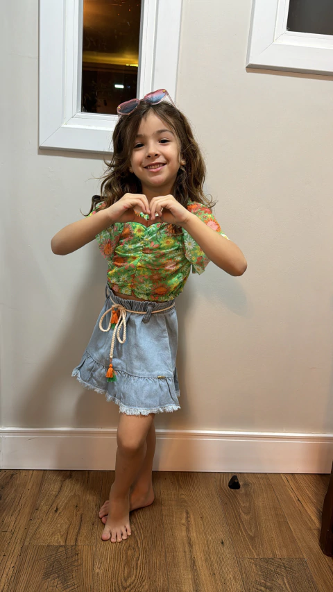 CONJUNTO DE BLUSA BOXY EM TULE E SAIA EM JEANS ARKANSAS VERDE -KUKIE