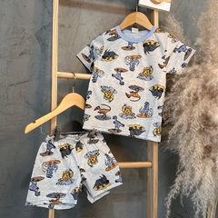 Pijama curto dino surf cinza