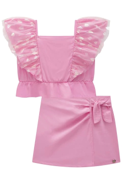 CONJUNTO DE BLUSA CROPPED E SHORT SAIA EM VISCOSE ROSA - kukie na internet