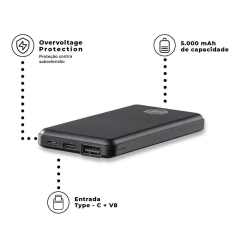 BATERIA EXTERNA POWERFIT 5.000MAH - PRETO - GSHIELD - Playfix.com.br