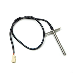 Sensor NTC 50K com haste de 5x50 mm e suporte de fixação, cabo PP 2x26 AWG de 370 mm e conector mini KK de 2 vias.