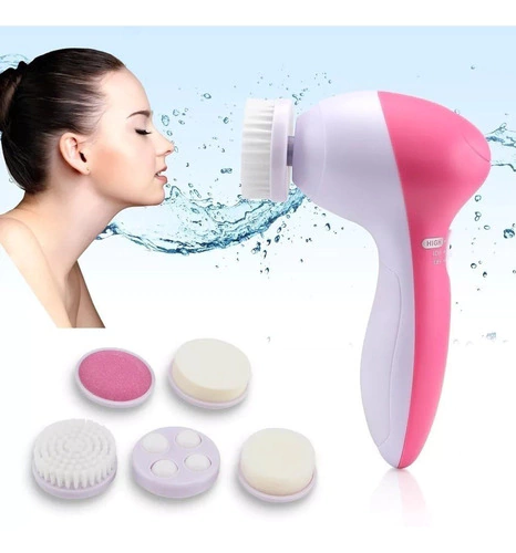 Cepillo masajeador portátil para rostro y cuerpo con 5 puntas. Ideal para limpieza facial, exfoliación y relajación muscular en casa