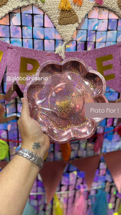 Platos flor Glitter color gold Rose x 10 unidades