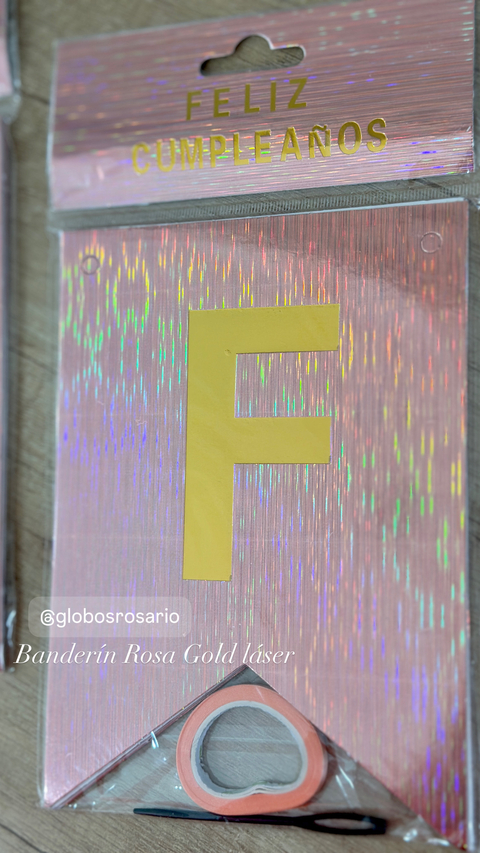 Banderin Gold Rose laser con letra dorada 12 de ancho por 18 de largo - comprar online