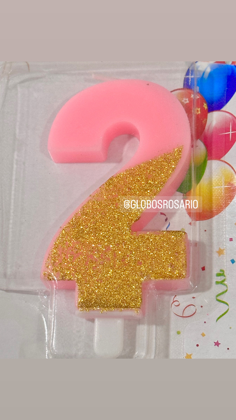 vela Número 2 Rosa y gold Glitter x unidad