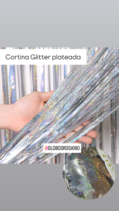 Cortina Glitter plateada 2 de largo x 1 de ancho