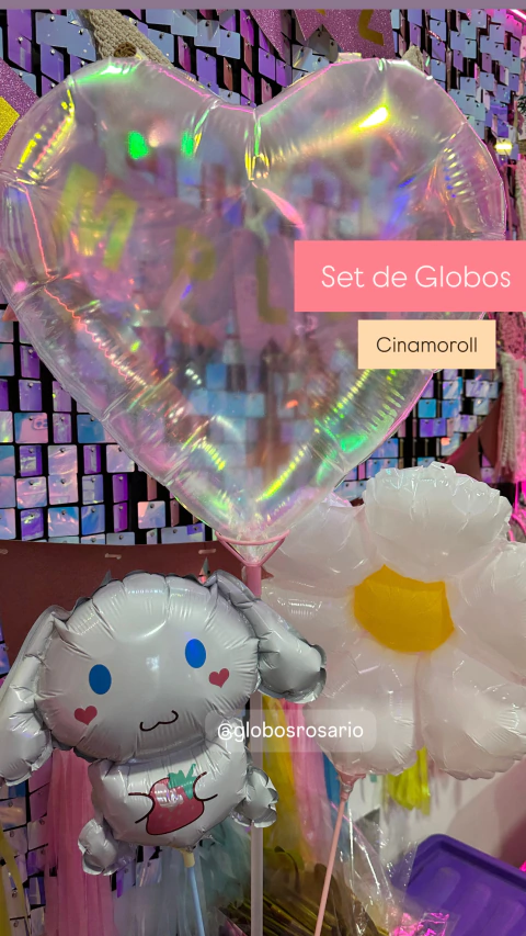 set de globos mini Cinamoroll 14” con flor y corazón