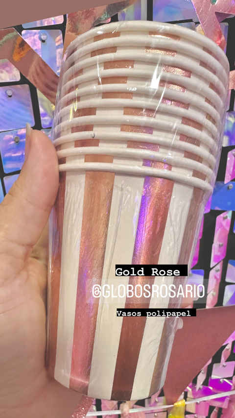 Vasos Gold Rose rayados x 10 unidades