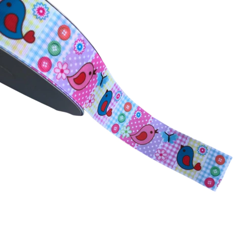 FITA GORGURÃO ESTAMPADA PASSARINHOS COLORIDOS (IMPORTADA)