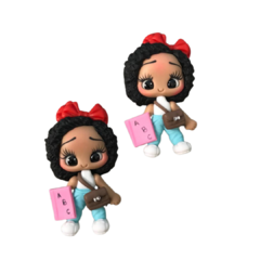 APLIQUE BISCUIT BONECA ESCOLAR COM LIVRO ROSA - 1 UNIDADE