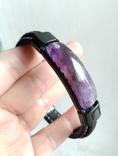 Brazalete Con Amatista Natural & Piel (Diseño Triple) - comprar en línea