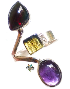 Anillo Ajustable De Plata 950 Con Ámbar Rojo & Amatista (RBS1)