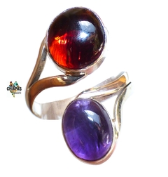 Anillo Ajustable con Ámbar Rojo y Amatista & Plata 950