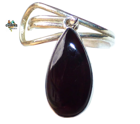Anillo Ajustable Con Gota De Ámbar Rojo Oscuro & Plata Ley .925 (Movible)