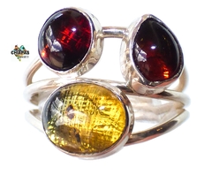 Anillo Ajustable con Ámbar Rojo y Amarillo & Plata 950
