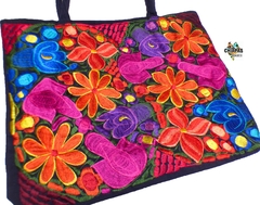 Bolsa Grande Azul Marino Bordado Flores (AZM2)
