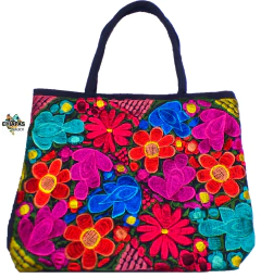 Bolsa Grande Azul Marino Bordado Flores (AZM3)