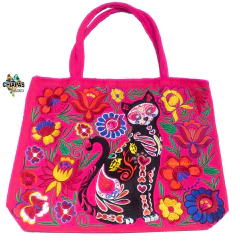 Bolsa Grande Bordada Motivo Dia De Muertos (Gato Negro) - Chiapas Mágico