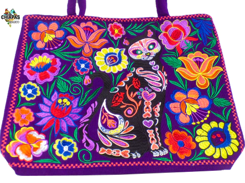 Bolsa Grande Bordada Motivo Dia De Muertos (Gato Negro)