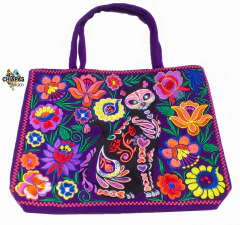 Bolsa Grande Bordada Motivo Dia De Muertos (Gato Negro) - comprar en línea
