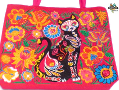 Bolsa Grande Bordada Motivo Dia De Muertos (Gato Negro)