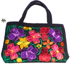 Bolsa Mediana Negra & Bordado Flores #008