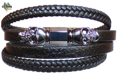 Brazalete Con Cráneos, Piel y Acero Inoxidable (Cuatro Tiras)