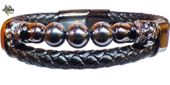 Brazalete Con Esferas de Hematita Natural, Piel y Acero Inoxidable (Cráneos)