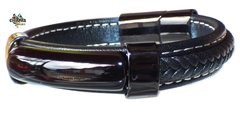 Brazalete Con Obsidiana Natural, Piel y Acero Inoxidable