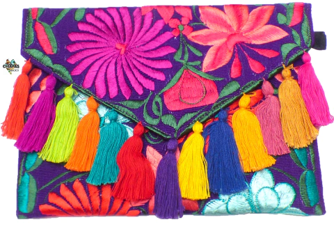 Carterón "Flores" Con Pompones (Morado/Multicolor #002) - Chiapas Mágico