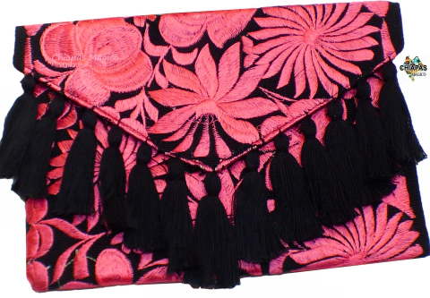 Carterón "Flores" Con Pompones (Negro/Rosa Coral)