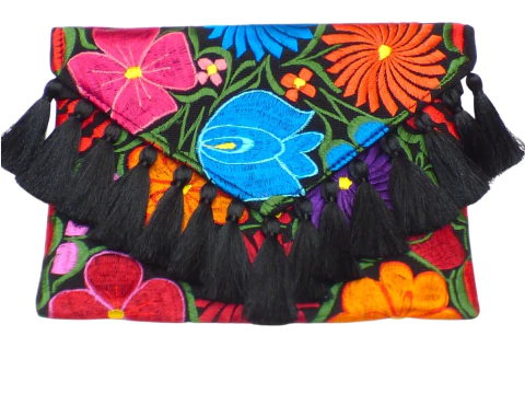 Carterón "Flores" Con Pompones De Seda (Negro BKS3) - comprar en línea