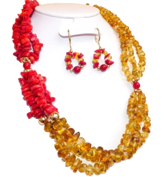 Collar de Ámbar Auténtico & Coral en Chapa de Oro