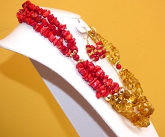 Collar de Ámbar Auténtico & Coral en Chapa de Oro - Chiapas Mágico