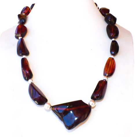 Exclusivo Collar Con Ámbar Rojo & Plata Ley (52 CM)