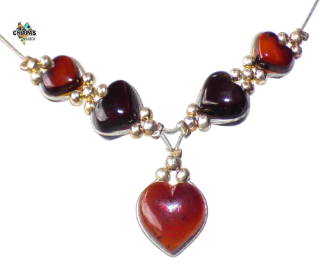Gargantilla Con Corazones De Ámbar, Alambre & Plata Ley (50 CM)