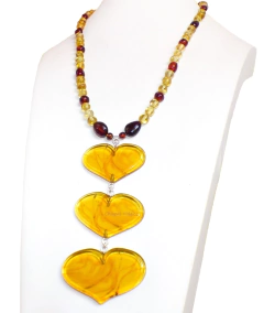 Collar Con Corazones de Ámbar, Ámbar Rojo y Amarillo & Plata Ley (Con Insectos) - comprar en línea