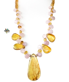 Collar Con Ámbar Auténtico & Gotas De Cuarzo Rosa - comprar en línea