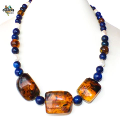 Collar Con Ámbar Auténtico, Perla, Lapislázuli & Plata Ley (52 CM)