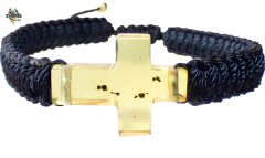 Pulsera Con Cruz De Ámbar & Tejido Ajustable (Negra)