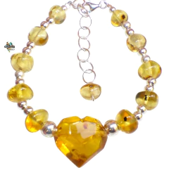 Pulsera Con Corazón Facetado De Ámbar & Plata Ley (IK4) - Chiapas Mágico