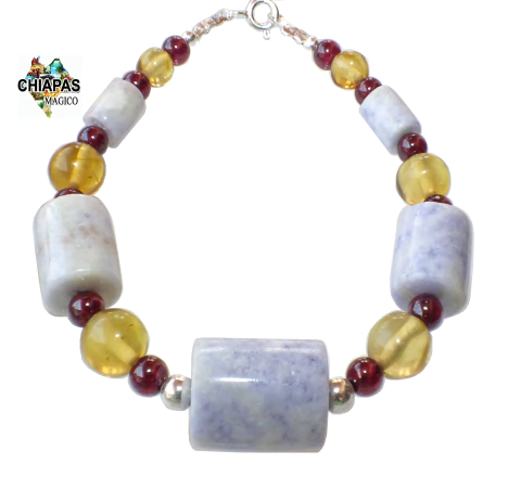 Pulsera con Jade Lila de Guatemala, Ámbar y Granate