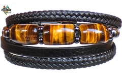 Brazalete Con Ojo de Tigre Natural & Piel (Diseño Cuadruple) (co