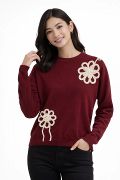 Blusa Tricot Feminina com Aplicação Floral em Crochê – Manga Longa