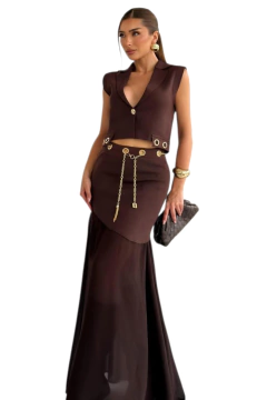 Conjunto em Tricot Colete Estruturado + Saia Longa Fluida com Corrente