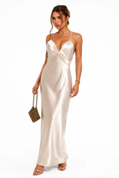 Vestido Longo Cetim com Strass e Detalhes nas Costas - comprar online