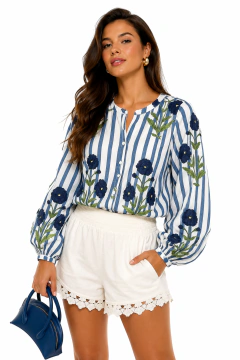 Camisa Listrada Bordada Floral Feminina Manga Longa – Elegância Casual