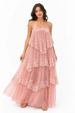Vestido Longo Renda Babados Romance