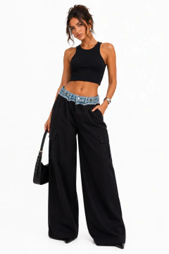 Calça Cargo Wide Leg com Cós Jeans